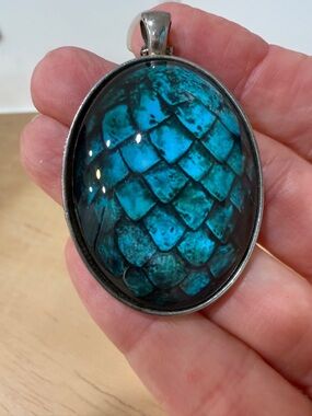 Blue Dragon Egg Pendant turquoise/black metal chain costume jewelry necklace